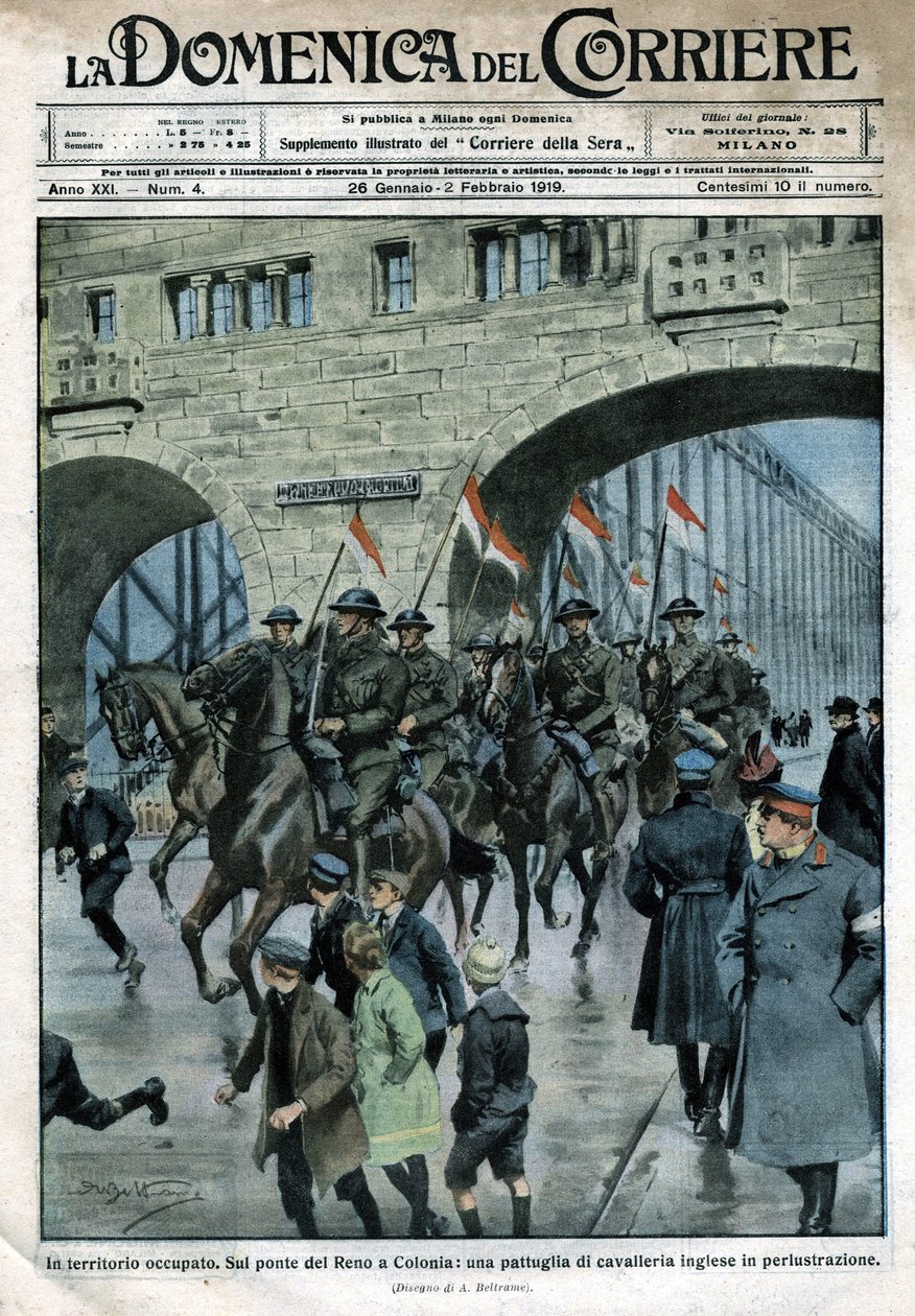 Anglická přítomnost v Německu: vojenské jednotky na mostě přes Rýn v Kolíně nad Rýnem. Ilustrace Beltrame. La Domenica del Corriere. 01/1919. od Achille Beltrame
