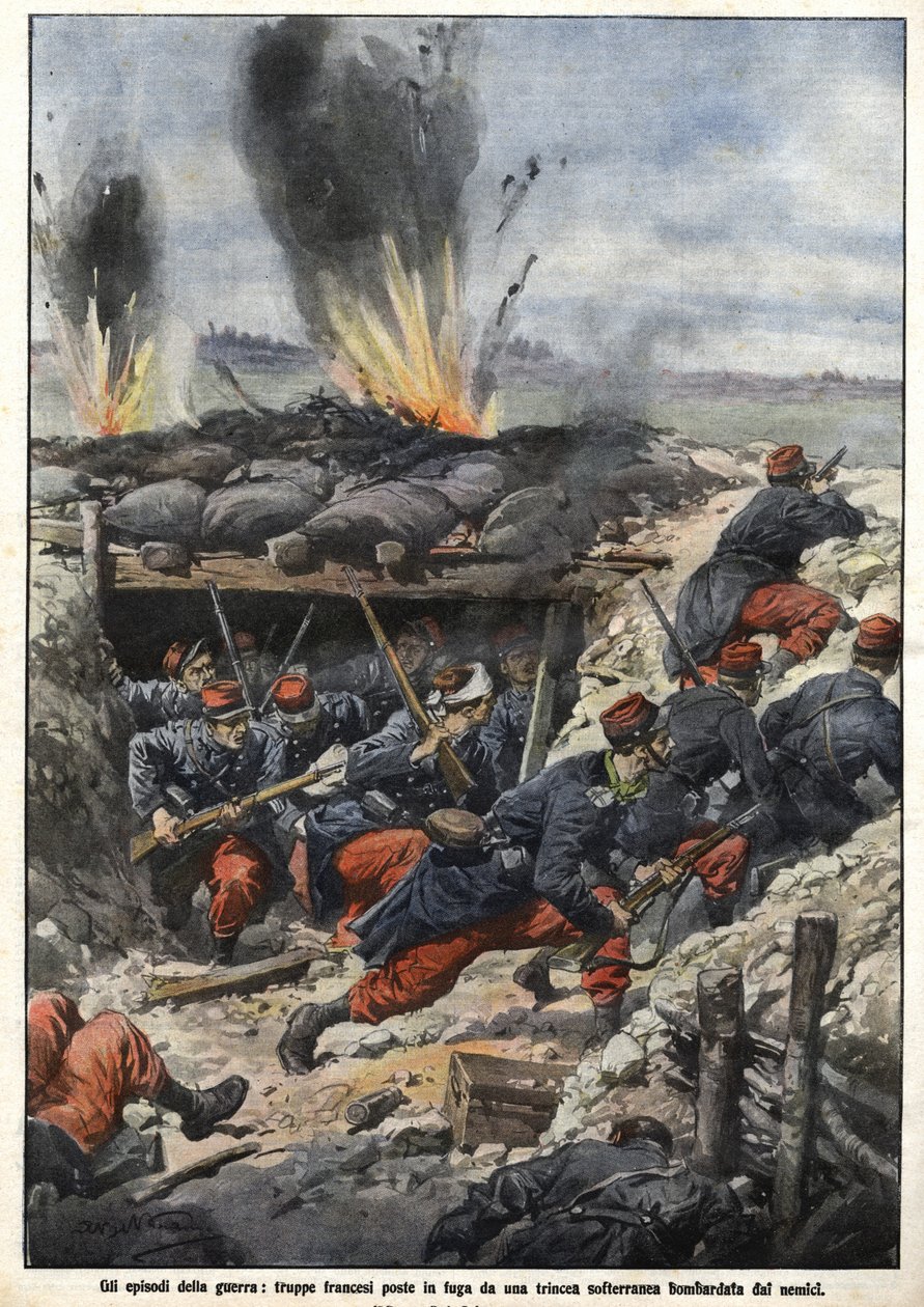 Epizoda války z roku 1914: Francouzské jednotky v zákopech jsou bombardovány nepřáteli. “La Domenica del Corriere” od Achille Beltrame
