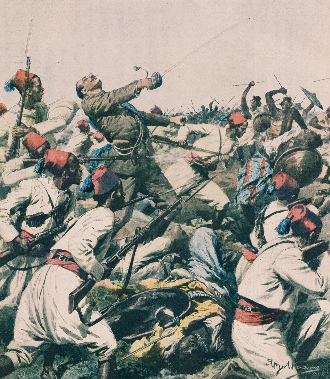 Etiopský útok na posádku Lugh a zabití kapitána Bongiovanniho, Achille Beltrame, ilustrace, Achille Beltrame (1871-1945), z La Domenica del Corriere od Achille Beltrame