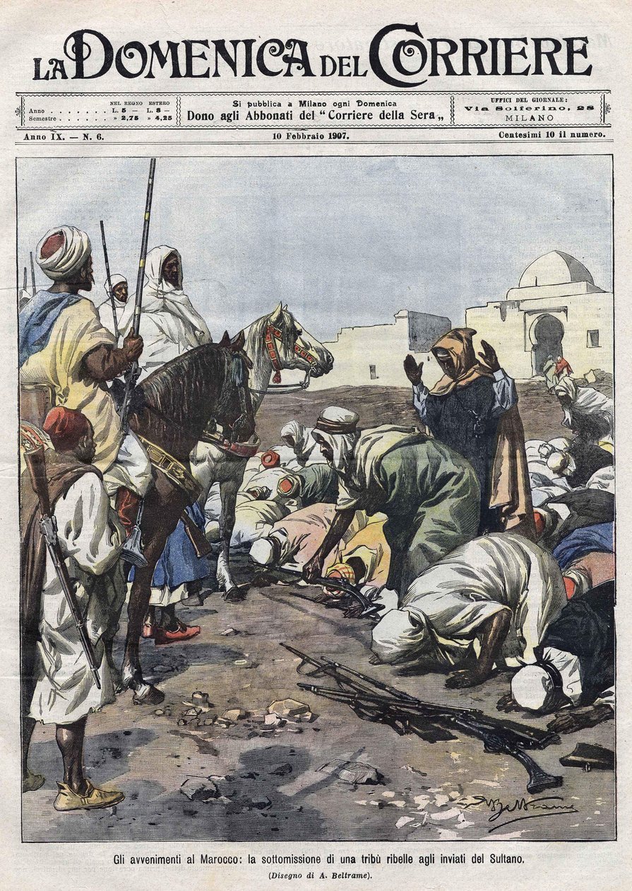 Události v Maroku: vzbouřenecký kmen se vzdává zástupcům sultána. Ilustrace Beltrame. La Domenica del Corriere od Achille Beltrame