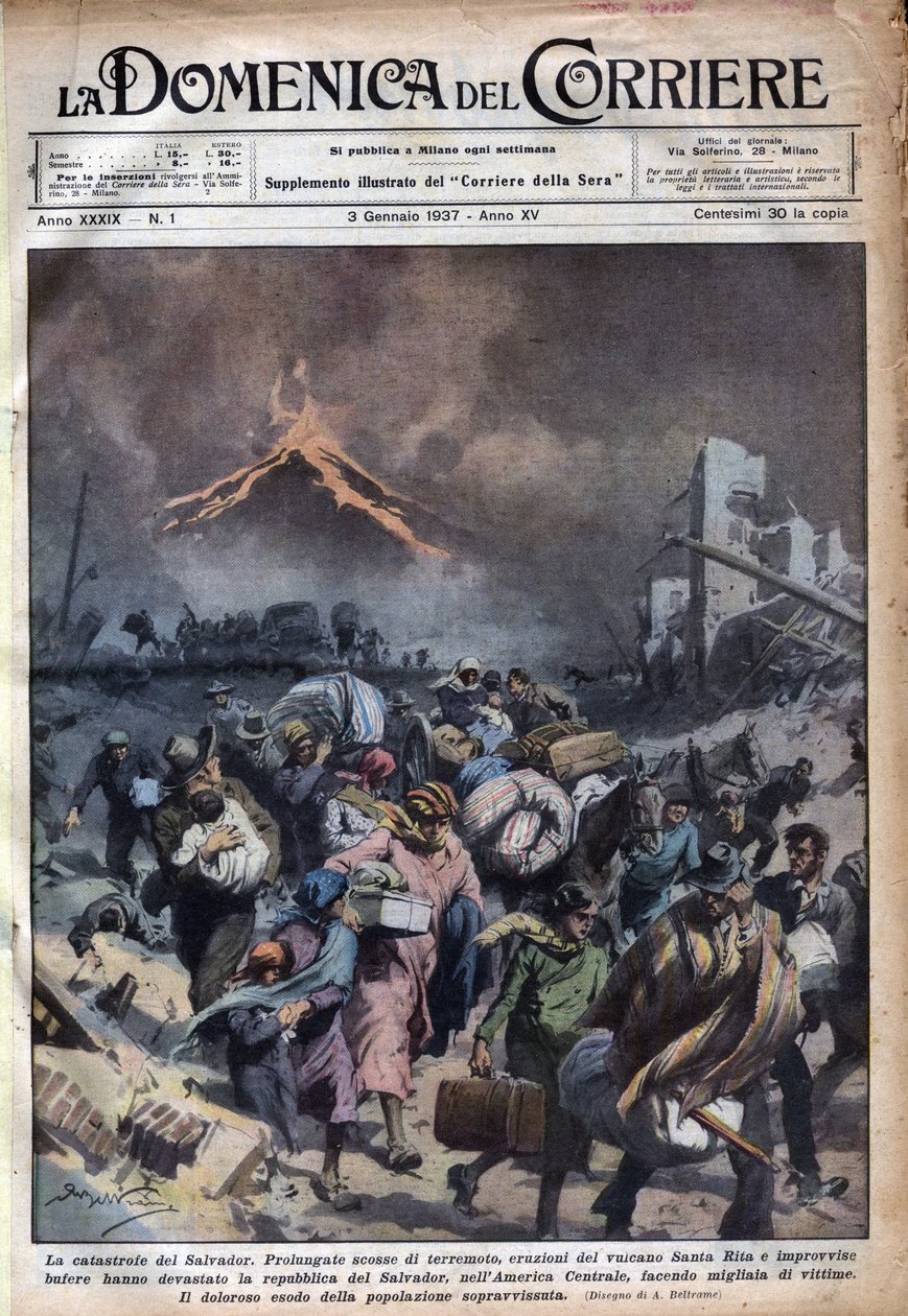 Exodus obyvatel El Salvadoru po zemětřesení a erupcích sopky Santa Rita. Ilustrace Achille Beltrame v “” La domenica del corriere”” 03.01.1937. od Achille Beltrame