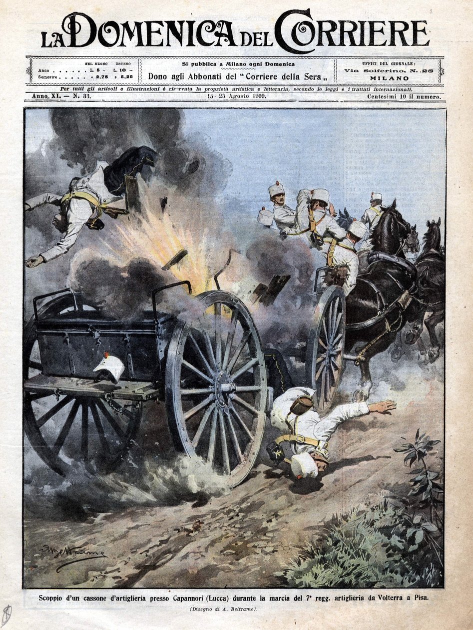 Exploze dělostřelecké bedny u Capannori (Lucca) při přesunu 7. dělostřeleckého pluku z Volterry do Pisy. Ilustrace Beltrame. ""La Domenica del corriere"". 15-23/08/1909. od Achille Beltrame