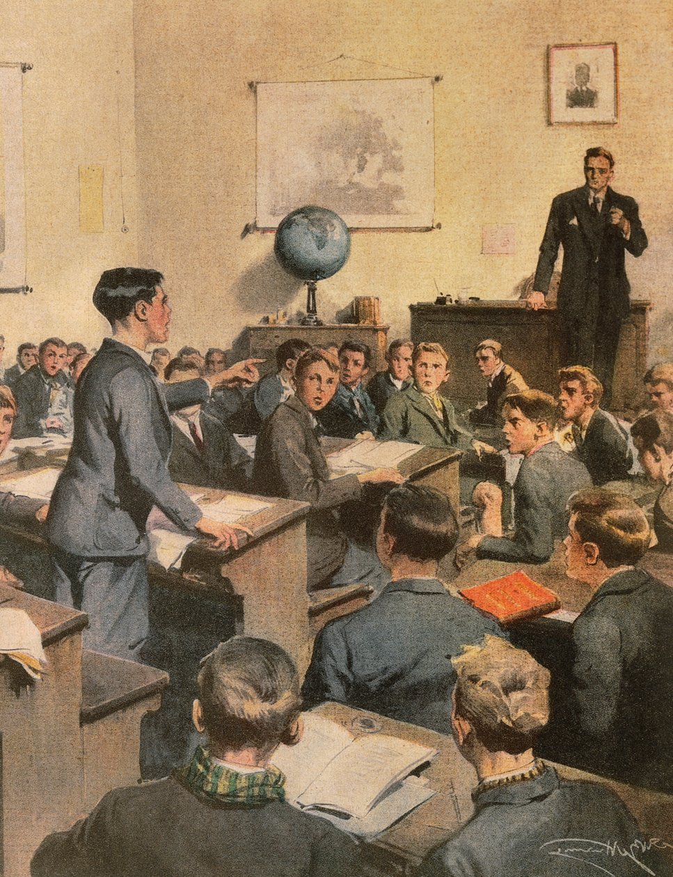 Boj proti negramotnosti, děti ve škole, Achille Beltrame, ilustrace, Ilustrátor Achille Beltrame (1871-1945), z La Domenica del Corriere od Achille Beltrame