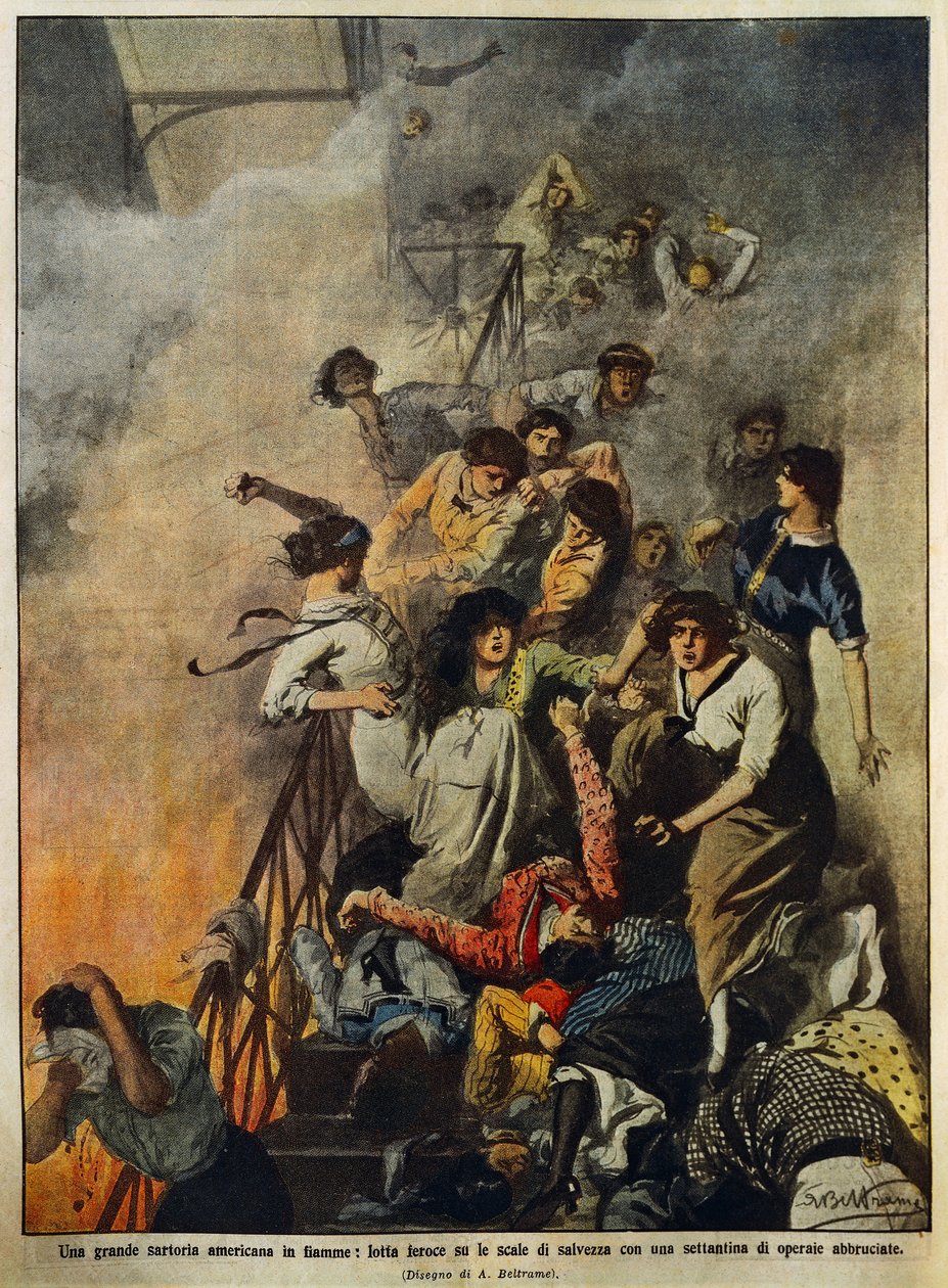 Požár ve velké americké textilní továrně: dělníci na schodišti, ilustrace Achille Beltrame (1871-1945), z La Domenica del Corriere, 10. srpna od Achille Beltrame