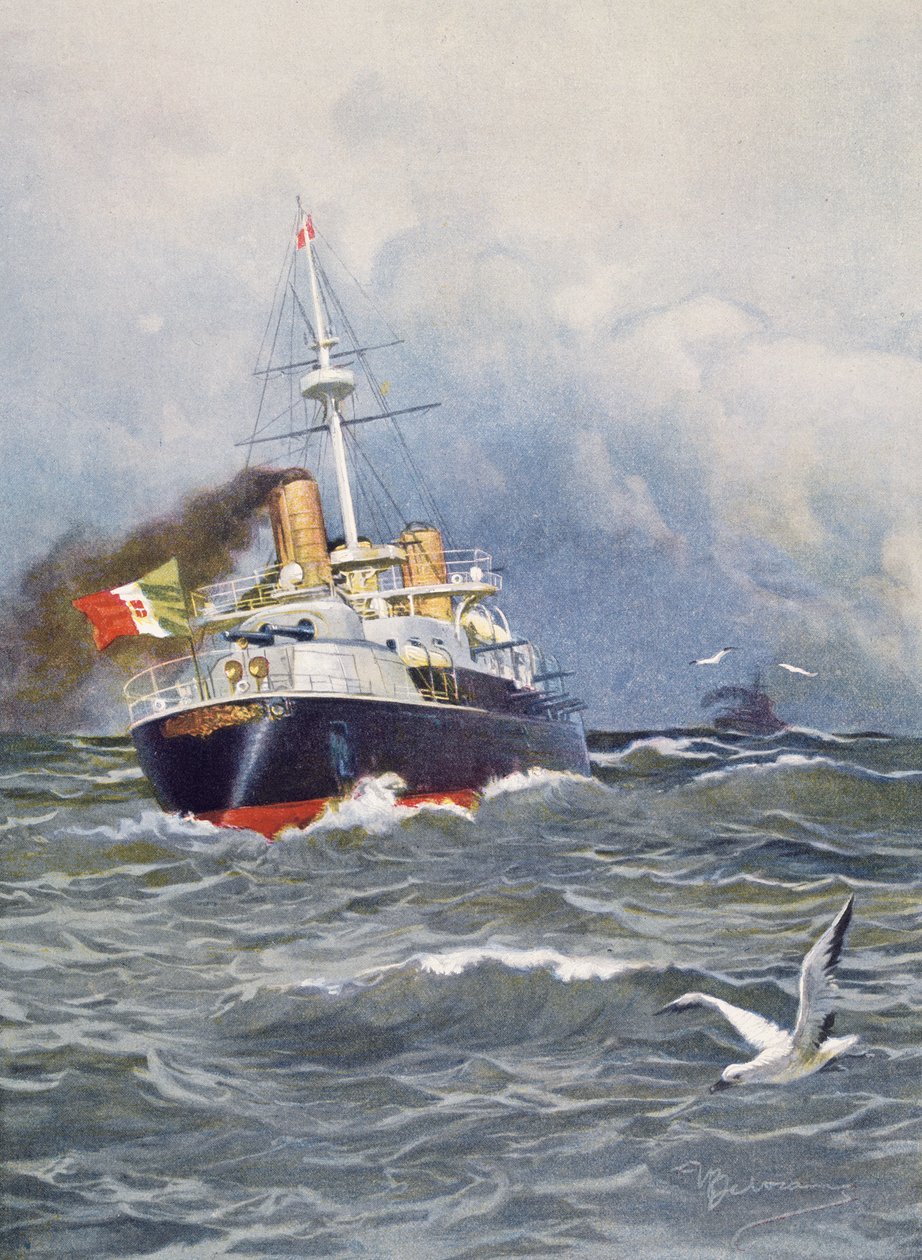 Prvotřídní bitevní loď Re Umberto, ilustrace Achille Beltrame (1871-1945) z týdeníku L