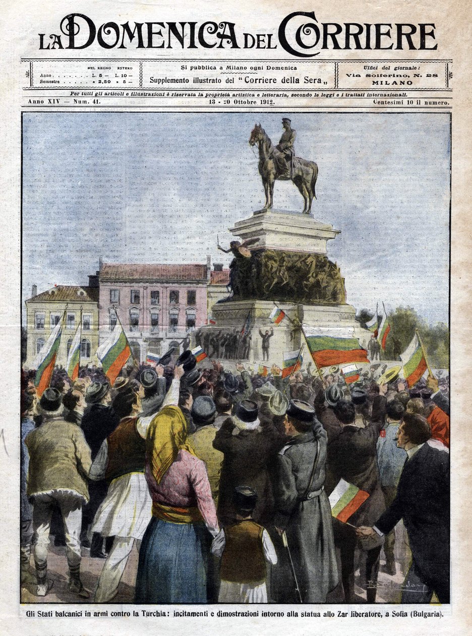 První balkánská válka: demonstrace před sochou cara v Sofii, Bulharsko - Ilustrace Beltrame v La Domenica del Corriere - říjen 1912 (První balkánská válka: demonstrace v Sofii, Bulharsko) od Achille Beltrame
