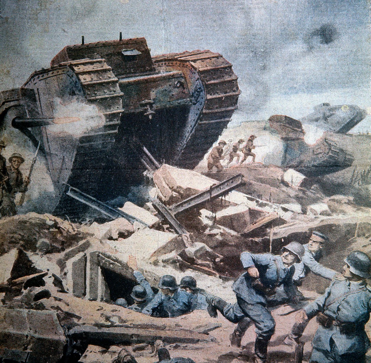 První světová válka (1914-1918): „“Útoky anglických tanků v Pikardii““ Ilustrace Achilles Belrame z La Domenica del Corriere 1916 od Achille Beltrame