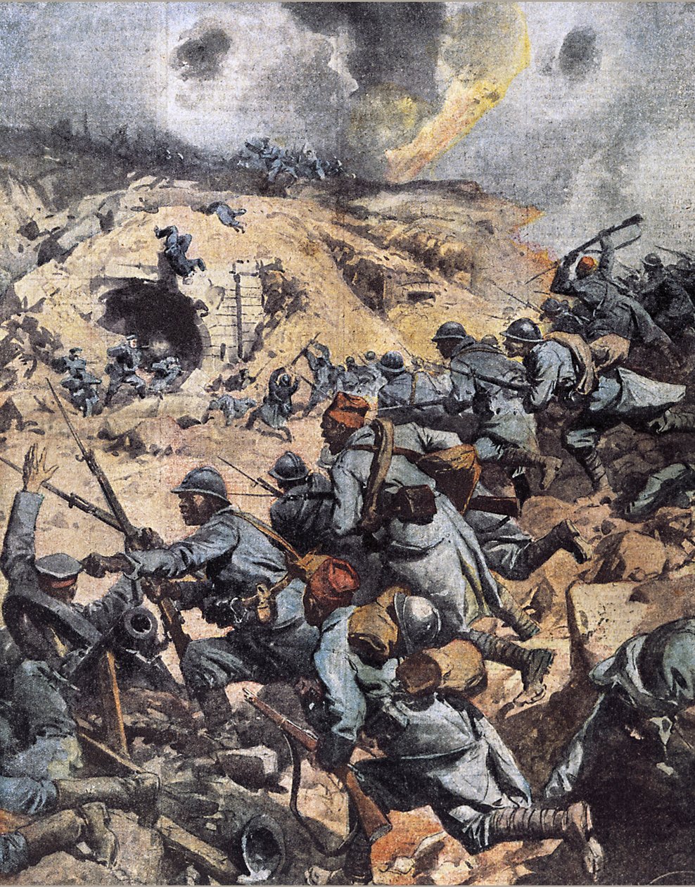 První světová válka: „Koniální jednotky (marocký pěší pluk, senegalští tirailleurs) útočí na pevnost Douaumont u Verdunu, obsazenou německou armádou a končí bitvu u Verdunu, 24. 10. 1916“ (WWI: Fort Douaumont dobyto zpět třemi pěšáky di od Achille Beltrame