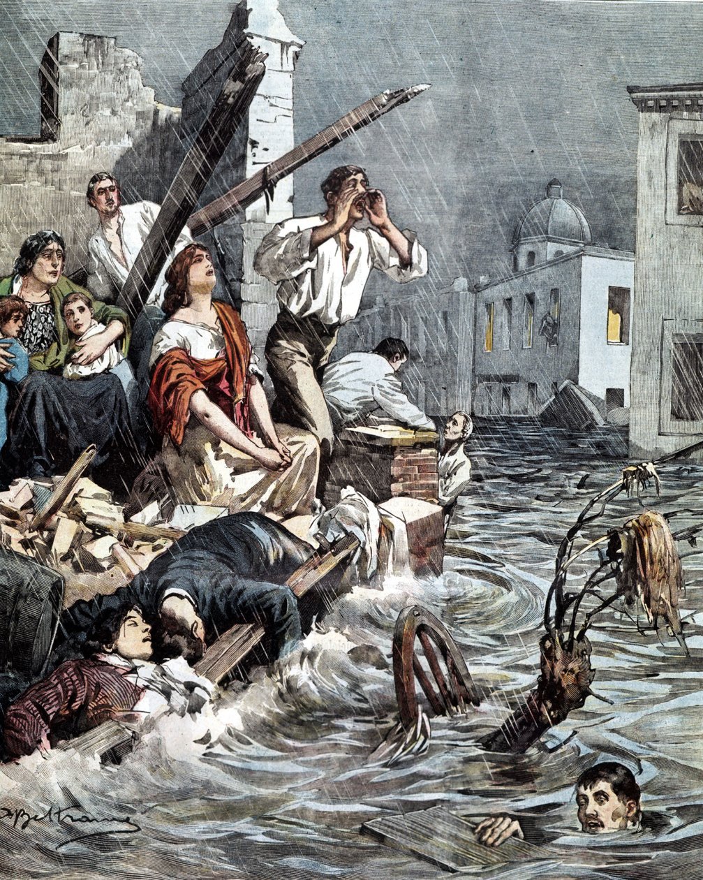 Povodeň Modica (Sicílie) v roce 1901. La Domenica del Corriere. Nemocný. de Beltrame od Achille Beltrame