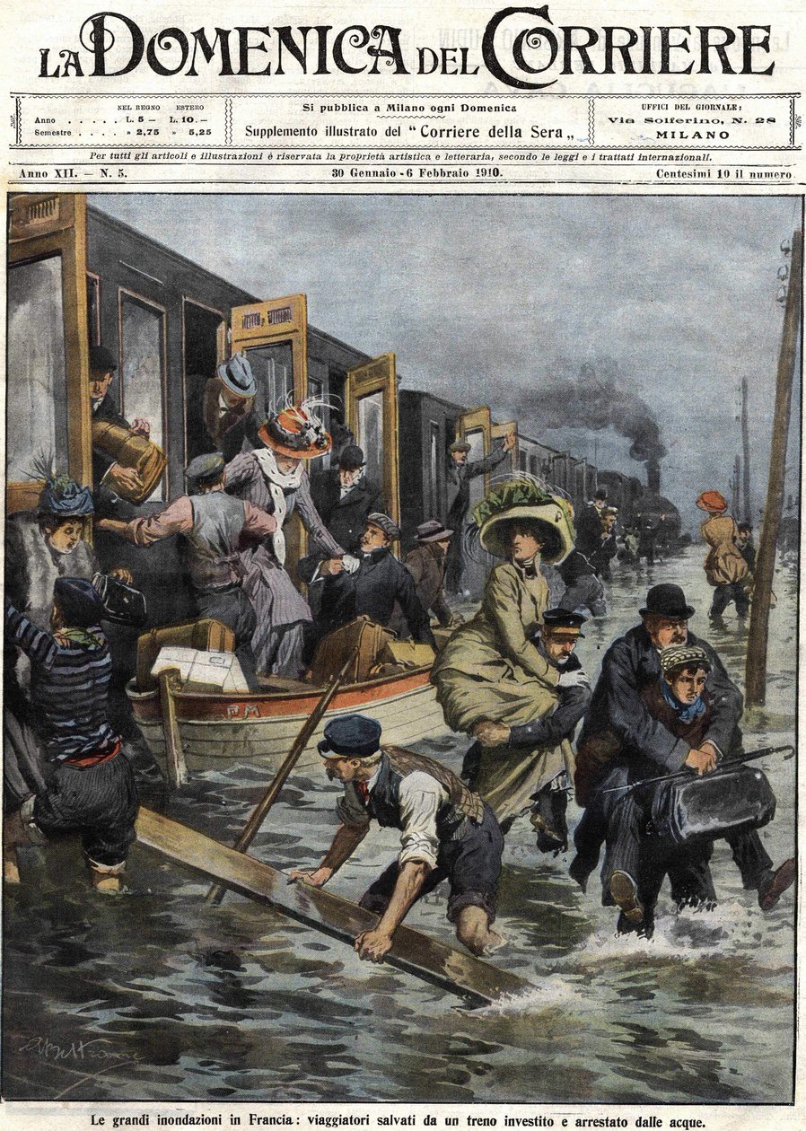 Záplavy v okolí Paříže v lednu 1910 zakrývají „Domenica del corriere““ ze 6. února od Achille Beltrame