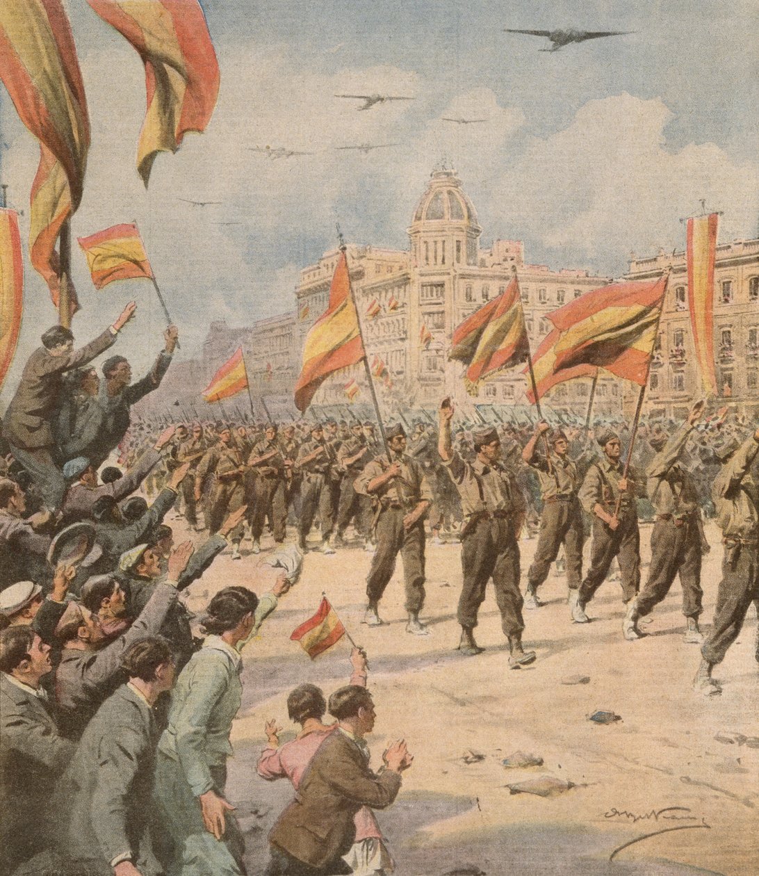 Francovo Španělsko vstupuje do Madridu se svými vítěznými vlajkami, Achille Beltrame (1871-1945) z La Domenica del Corriere 2. dubna od Achille Beltrame