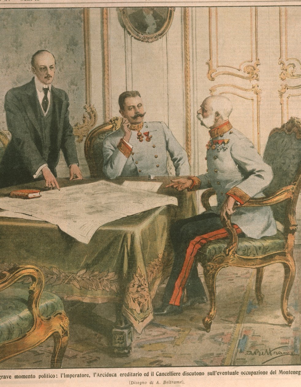 Franz Josef I., rakouský císař, pojednávající o okupaci Černé Hory, ilustrace na obálce z „La Domenica del Corriere“ od Achille Beltrame