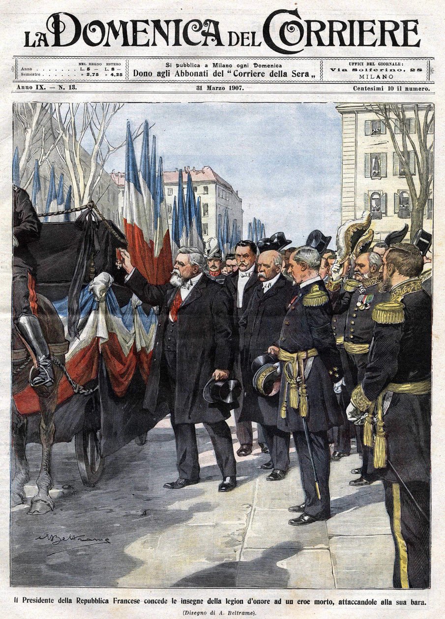 Francouzský prezident Armand Fallieres (1841 - 1931) předává medaili Čestné legie hrdinovi, který zemřel v bitvě. Ill. de Beltrame. La Domenica del Corriere. 31/03/1907. od Achille Beltrame