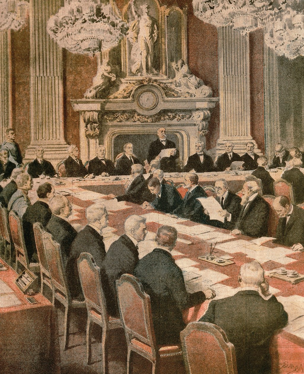 Francouzský prezident Georges Clemenceau na mírové konferenci v Paříži, Achille Beltrame, ilustrace, Ilustrátor Achille Beltrame (1871-1945), z La Domenica del Corriere od Achille Beltrame