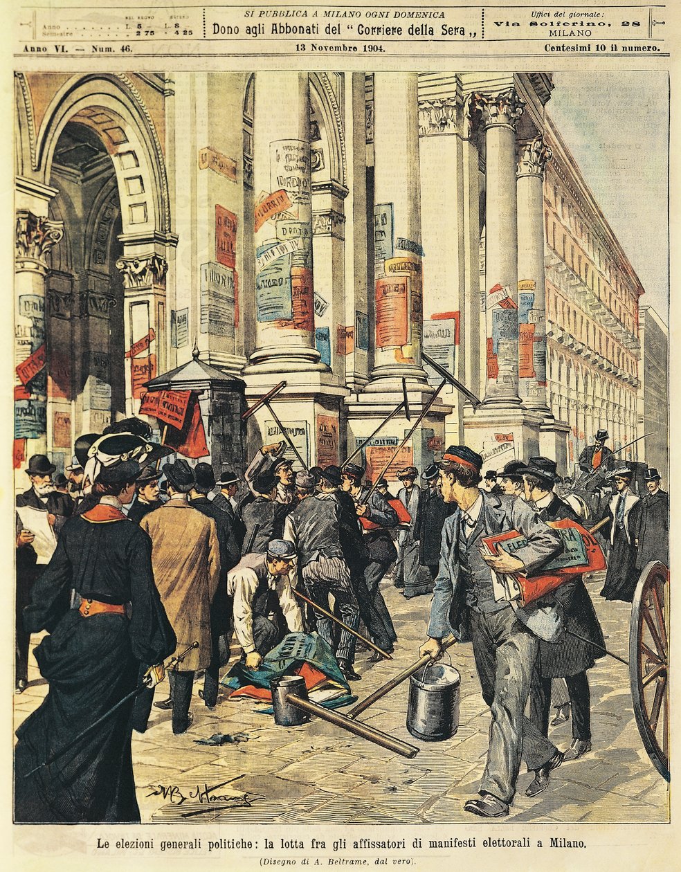 Všeobecné volby v Miláně: konfrontace mezi lidmi vyvěšujícími politické plakáty v Miláně, Achille Beltrame (1871-1945), z La Domenica del Corriere od Achille Beltrame