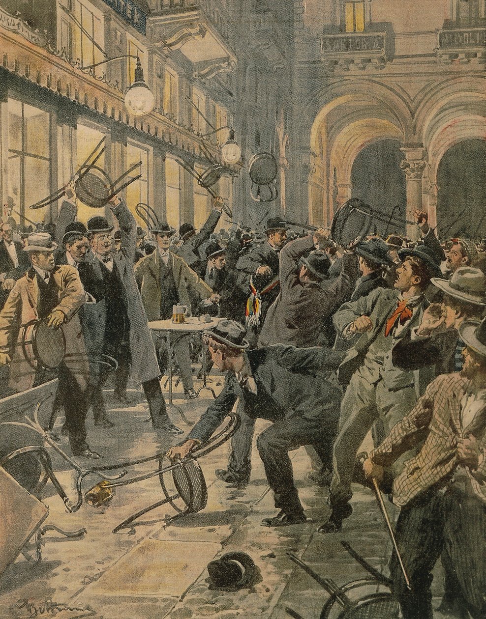 Stávka generálních dělníků v Miláně, nepokoje v Galleria Vittorio Emanuele II, Achille Beltrame, ilustrace, Ilustrátor Achille Beltrame (1871-1945), z La Domenica del Corriere od Achille Beltrame