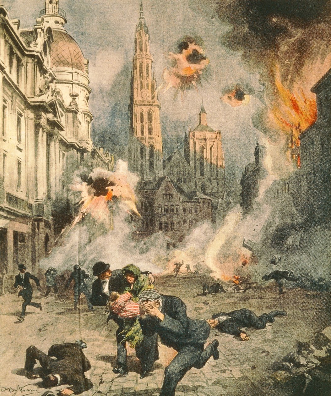 Němci bombardují a okupují Antverpy, Achille Beltrame (1871-1945), ilustrace z La Domenica del Corriere od Achille Beltrame