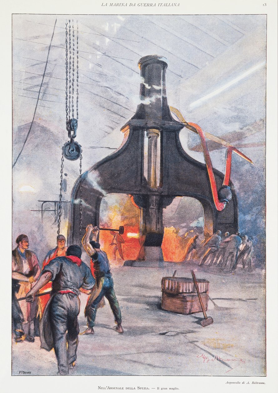 Obří kladivo v arzenálu v La Spezia, Achille Beltrame, ilustrace, Ilustrátor Achille Beltrame (1871-1945), z La Domenica del Corriere od Achille Beltrame