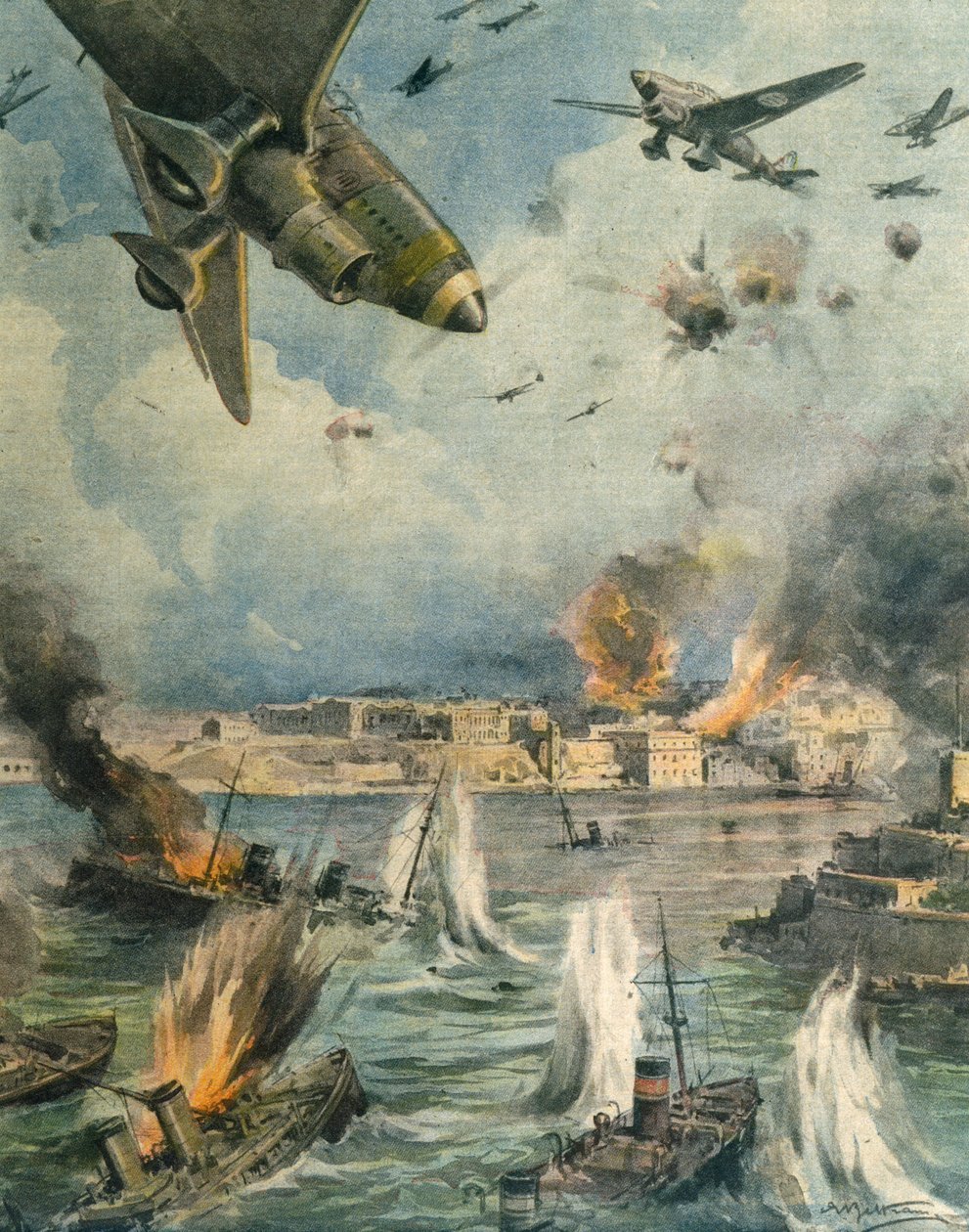 Letecká ofenzíva Velké osy nad Maltou, Achille Beltrame, ilustrace, Ilustrátor Achille Beltrame (1871-1945), z La Domenica del Corriere, 25. ledna 1942 od Achille Beltrame