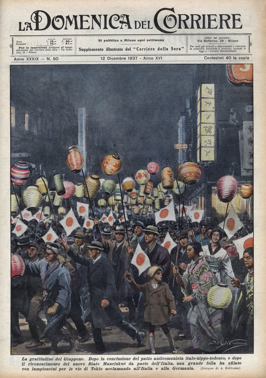 Velká defilé obyvatel Tokia, aby vzdali hold Itálii a Německu po uznání nového státu Manchukuo (Manchukuo nebo Manzhouguo) Ilustrace Achille Beltrame v „La domenica del corriere“““ z 12.12.1937 od Achille Beltrame