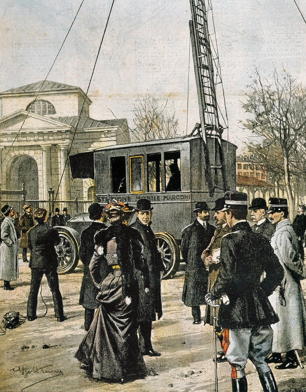 Guglielmo Marconi asistuje v Miláně u testu prvního Stazione Radio Mobile. Ilustrace Achille Beltrame pro „Domenica del Corriere““ (1906). Rytina. od Achille Beltrame