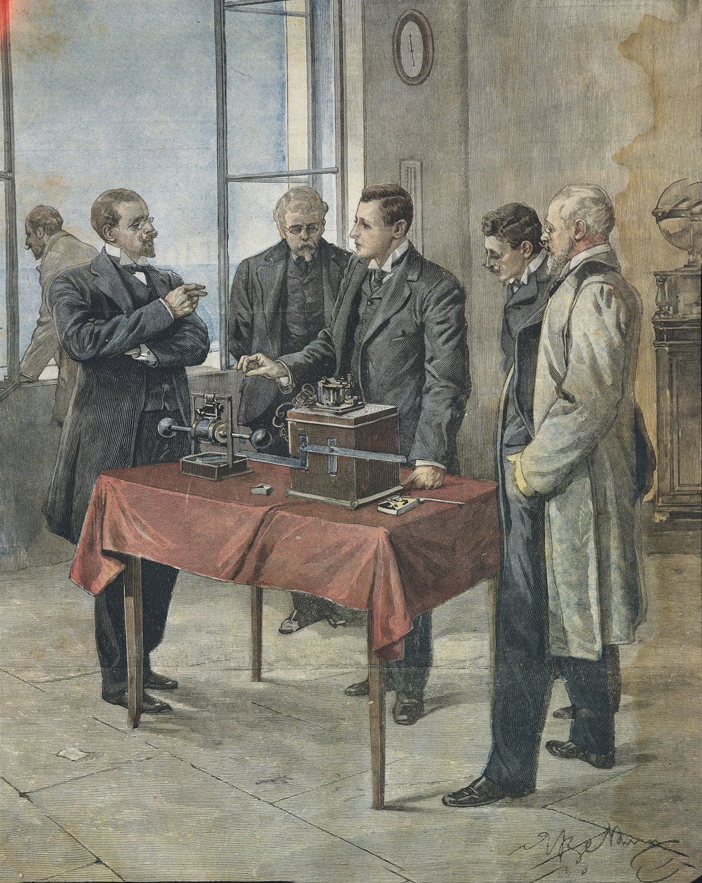 Guglielmo Marconi testuje bezdrátovou telegrafii přes kanál La Manche. Ilustrace Achille Beltrame v italských novinách 