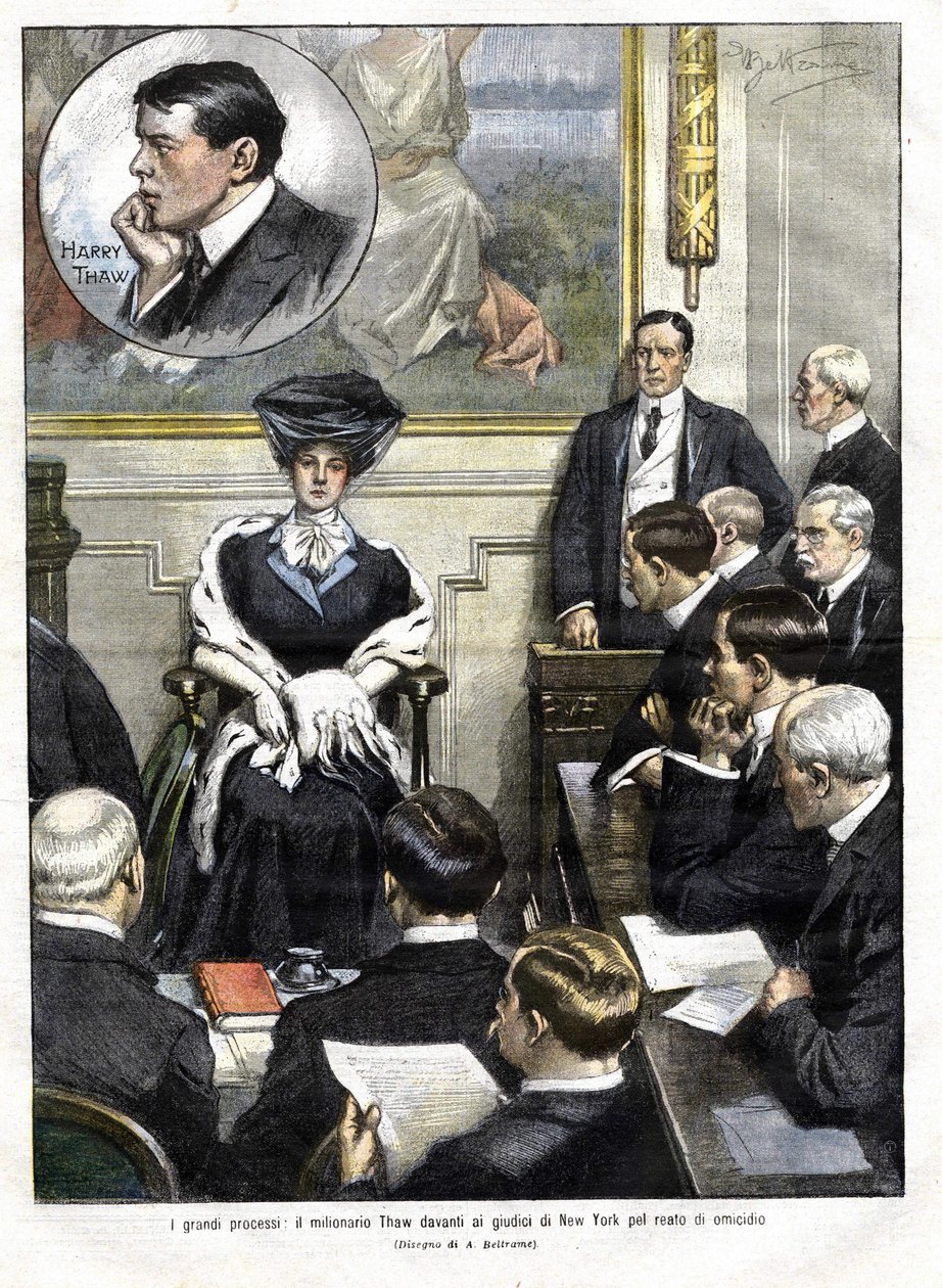 Soud s Harrym Thawem v New Yorku v roce 1907. Harry Thaw, syn rodiny velkoprůmyslníků, v roce 1906 zabil architekta Stanforda Whitea, bývalého milence své manželky Evelyn. obálka domenica del corriere z 3. března 1907 ilustrace Achille Beltra od Achille Beltrame