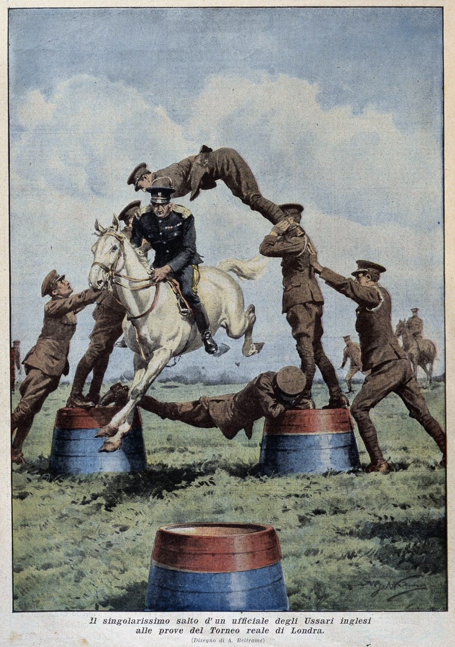 Horse Jumping: English Hussars at London Tournament Trials - kresba A. Beltrame, v „La Domenica del Corriere““ od Achille Beltrame
