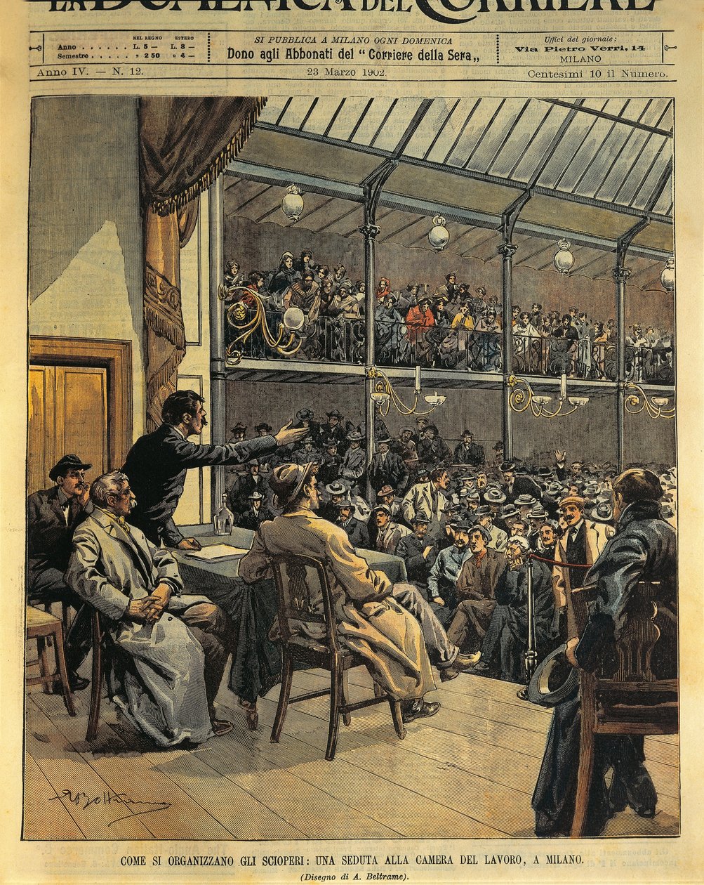 Jak organizovat stávky, zasedání komory práce v Miláně, ilustrace Achille Beltrame z La Domenica del Corriere, 23. března od Achille Beltrame