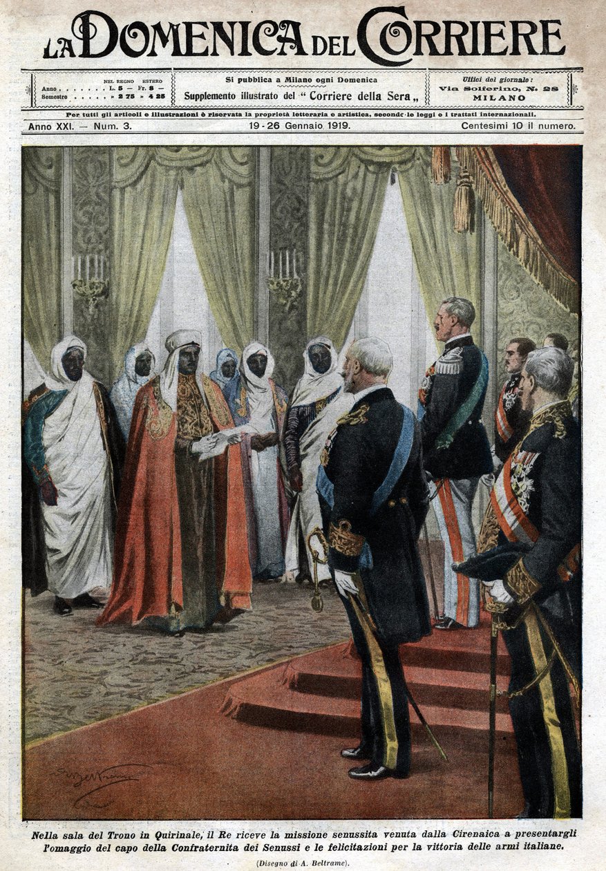 V trůnním sále v paláci Quirinale přijal italský král Viktor Emmanuel III. (Victor Emmanuel) (Vittorio Emanuele) senousistickou misi Cyrenaique (v Libyi), která přijela vzdát hold a poblahopřát k vítězství italského tro. od Achille Beltrame