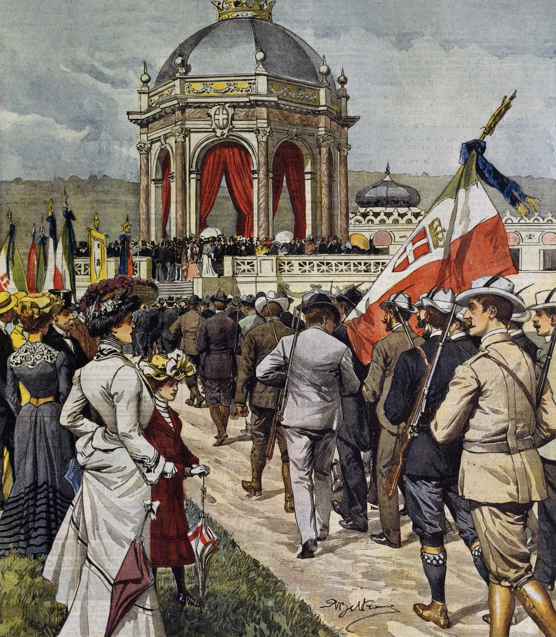 Zahájení IV střelecké soutěže na polygonu Farnesina, Řím, Itálie, ilustrace Achille Beltrame z La Domenica del Corriere, 25. května od Achille Beltrame