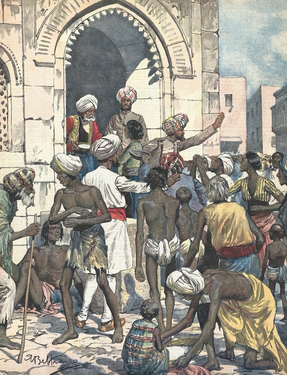 Indie. Sucho způsobuje epidemie. Distribuce potravin. Ilustroval Antonio Beltrame. „La domenica del Corriere““. 26. února od Achille Beltrame