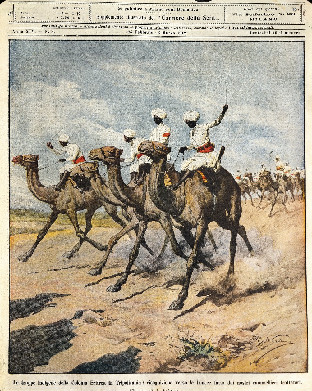 Domorodé jednotky z eritrejské kolonie v Tripolitanii, ilustrátor Achille Beltrame (1871-1945), z La Domenica del Corriere, 25. února 1912 od Achille Beltrame