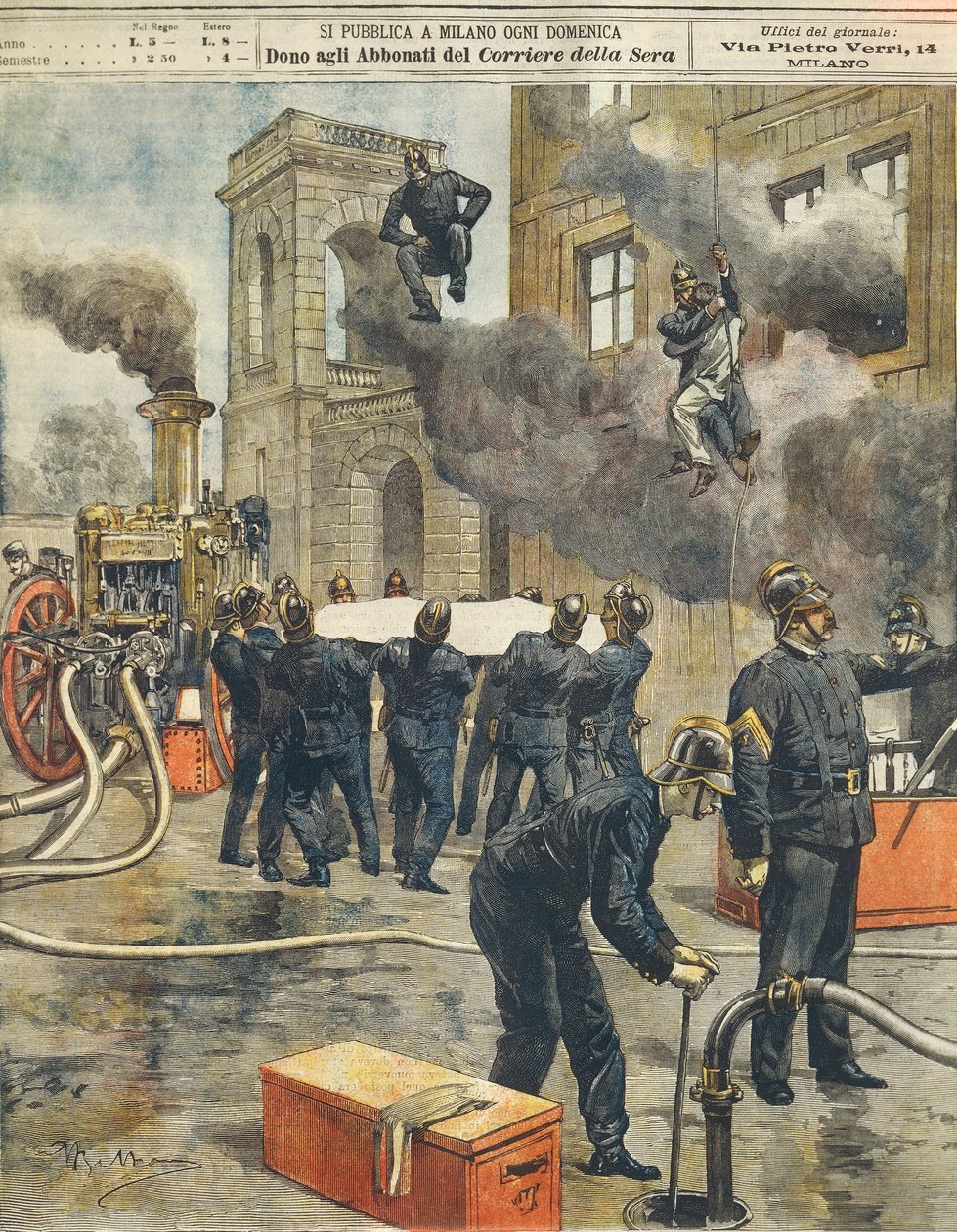 Italský hasičský kongres a demonstrace v aréně v Miláně, Achille Beltrame (1871-1945), z La Domenica del Corriere, 24. září 1899 od Achille Beltrame