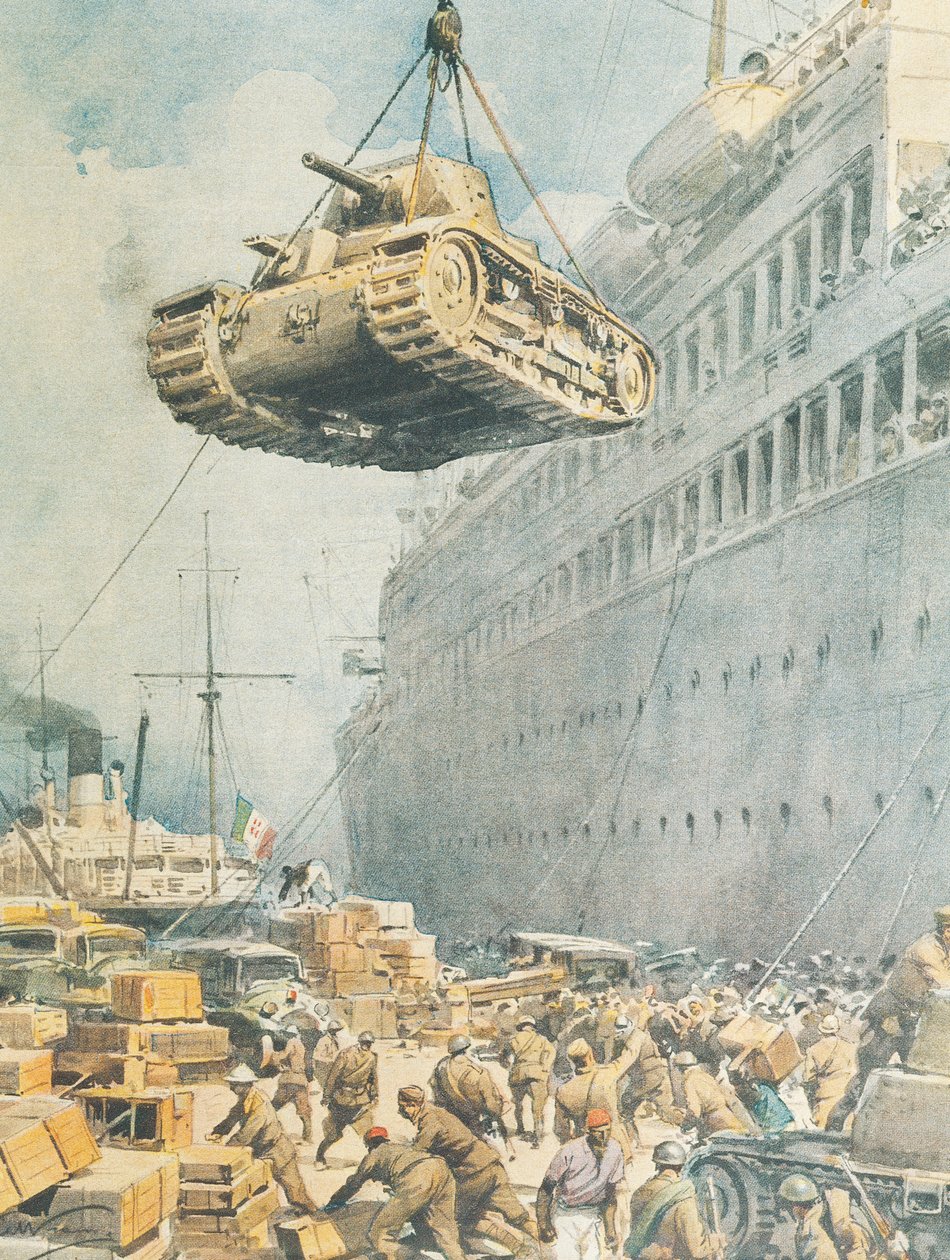 Italský konvoj přijíždějící do cíle v Libyi, Achille Beltrame, ilustrace, Ilustrátor Achille Beltrame (1871-1945), z La Domenica del Corriere od Achille Beltrame
