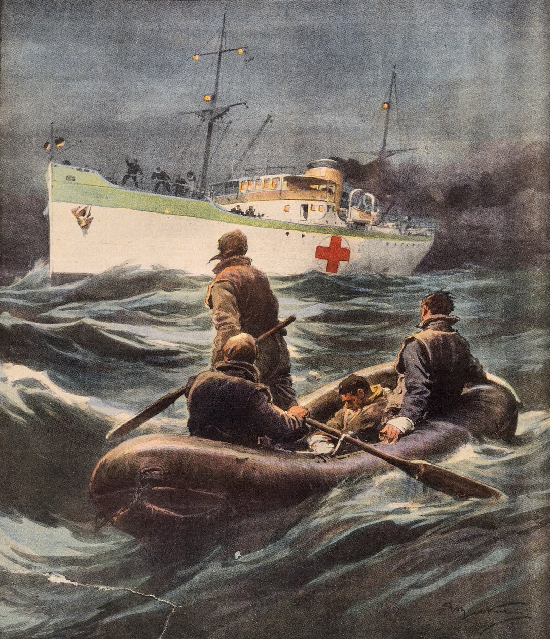 Italská nemocniční loď zachraňující čtyři německé letce, kteří byli sestřeleni, Achille Beltrame (1871-1945), ilustrace z La Domenica del Corriere, 23. února od Achille Beltrame