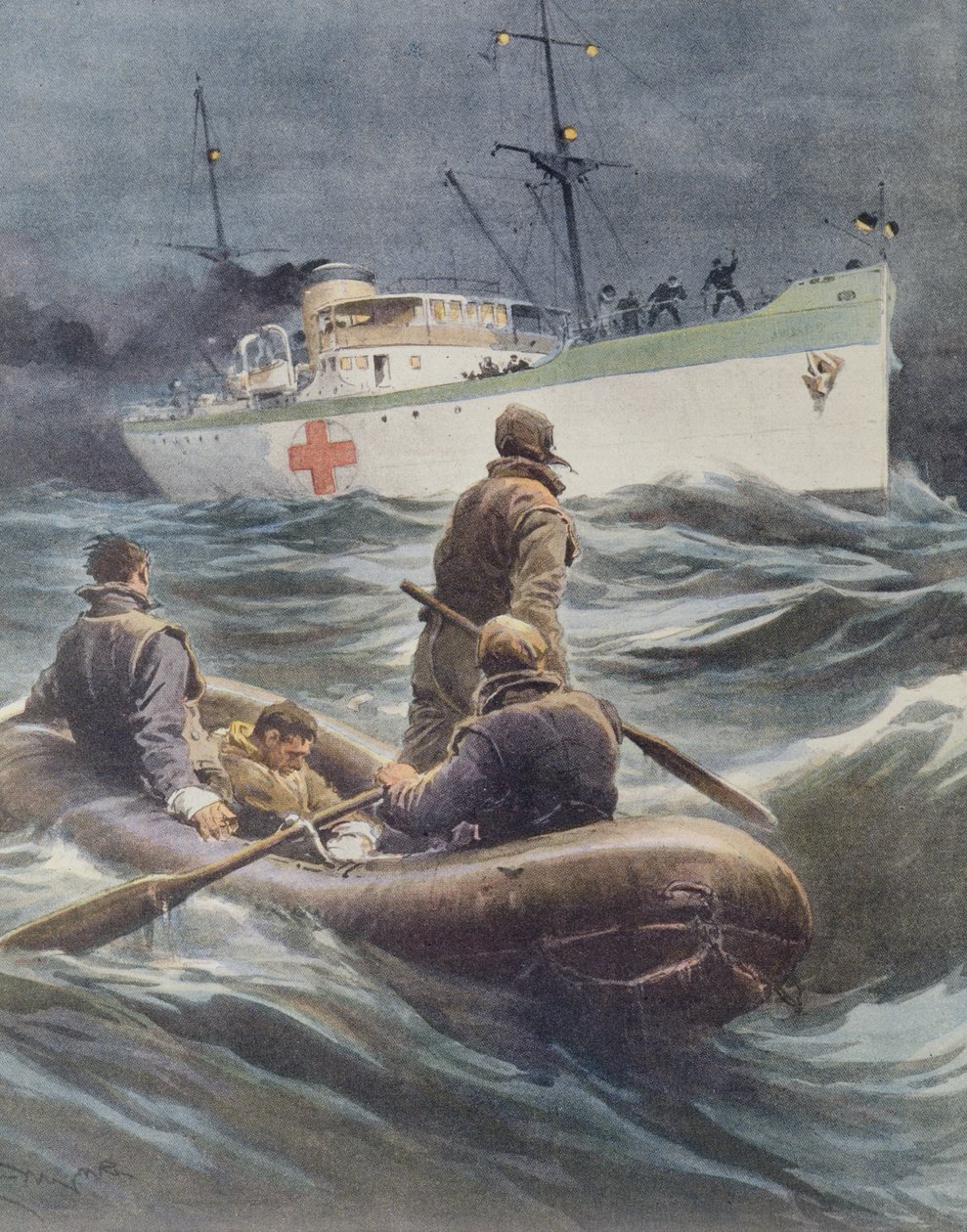 Italská nemocniční loď s raněnými na palubu, Achille Beltrame, ilustrace, Ilustrátor Achille Beltrame (1871-1945), z La Domenica del Corriere, 23. března 1941 od Achille Beltrame