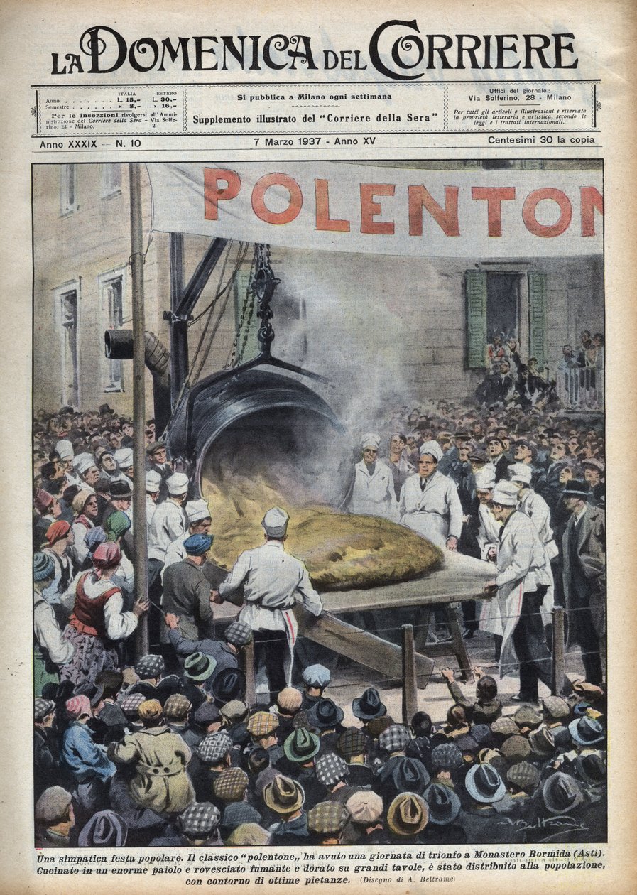 Italský oblíbený festival: polenta geante (polentone) pořádaný ve městě poblíž Asti v Benátsku. Ilustrace Achille Beltrame v “La Domenica del Corriere” ”z 7.3.1937. od Achille Beltrame