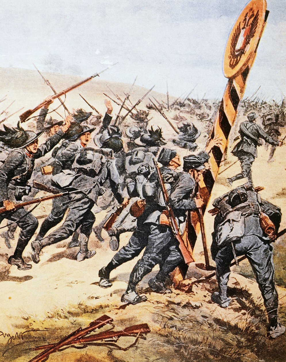 Italští vojáci překračující rakouskou hranici, Achille Beltrame (1871-1945), ilustrace z La Domenica del Corriere, červen 1915 od Achille Beltrame