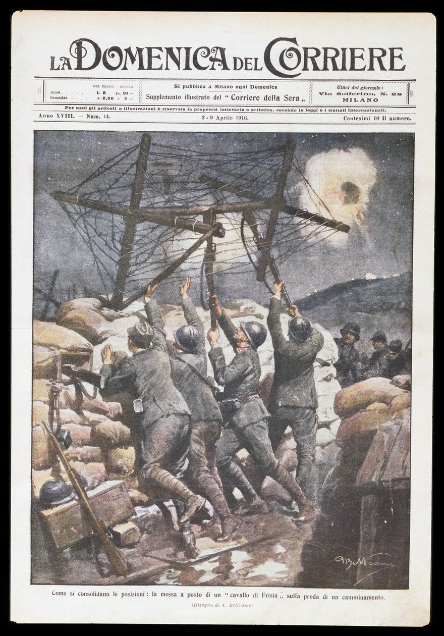 Italští vojáci nasazující fríského koně do zákopu, deska Achille Beltrame (1871-1945) pro Domenicu del Corriere, 2.-9. dubna 1916, první světová válka, Itálie, 20. století od Achille Beltrame