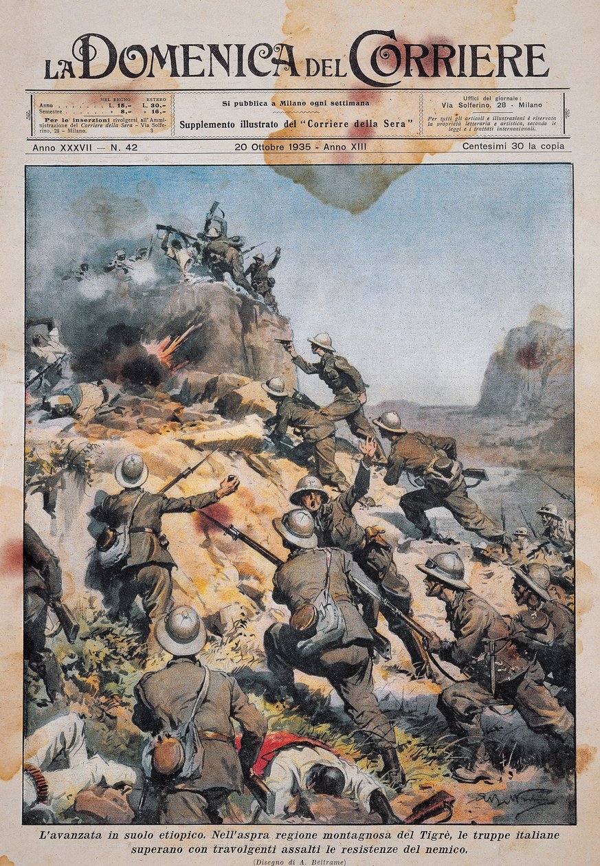 Italské jednotky postupující na etiopské půdě, ilustrace z La Domenica del Corriere, 20. října od Achille Beltrame