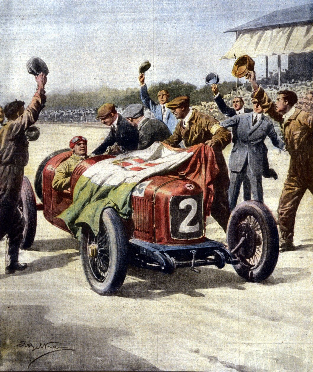 Italské vítězství na 3. evropské Motor Grand Prix: mechanici z Ascari vyvěšují na voze vlajku trikolóry. Ill. de Beltrame. "La Domenica del Corriere"". 07/1925. od Achille Beltrame