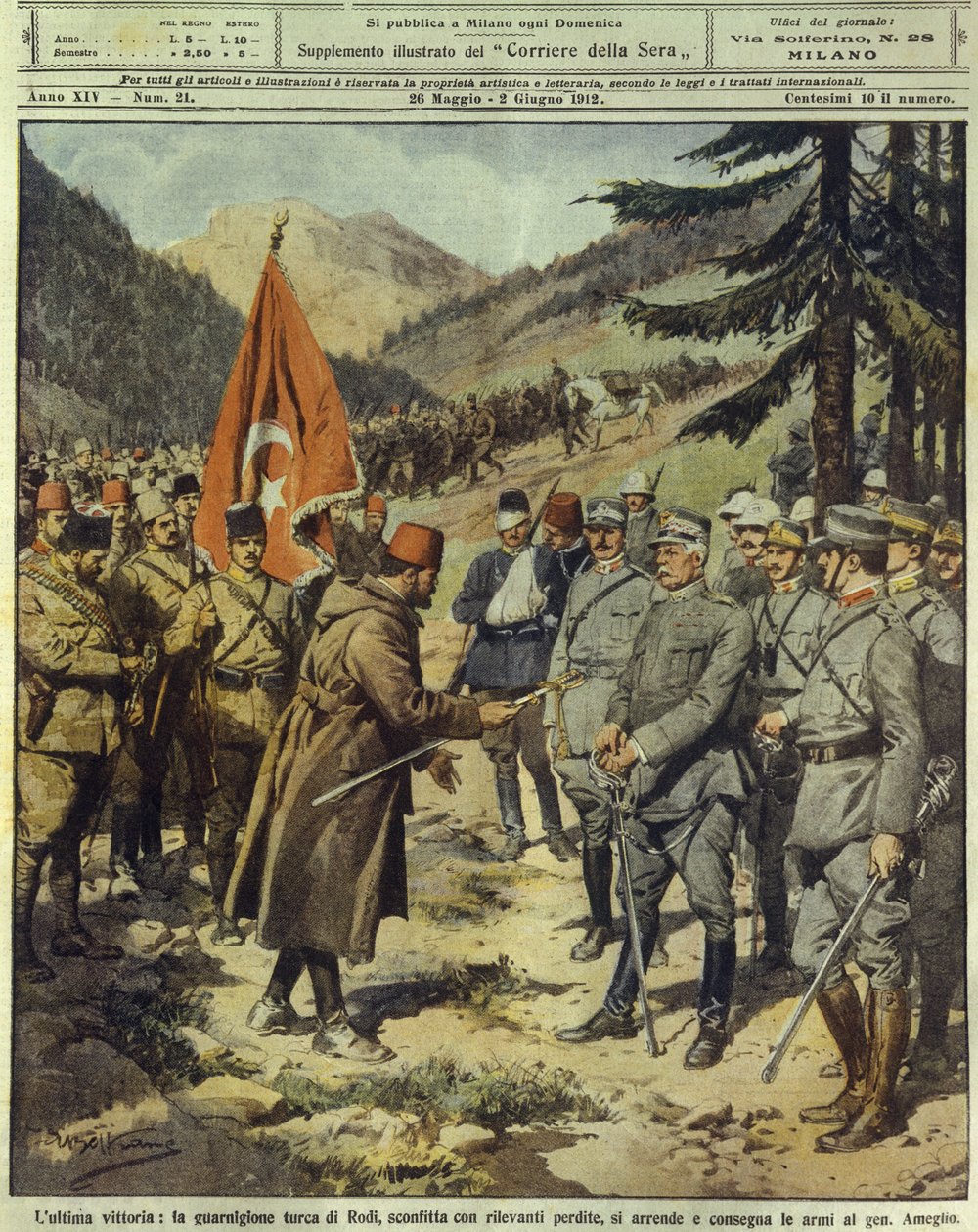 Italo-turecká nebo libyjská válka (1911-1912), turecká armáda se vzdává a vydává zbraně italskému generálu Amegliovi na Rhodosu, 26. od Achille Beltrame