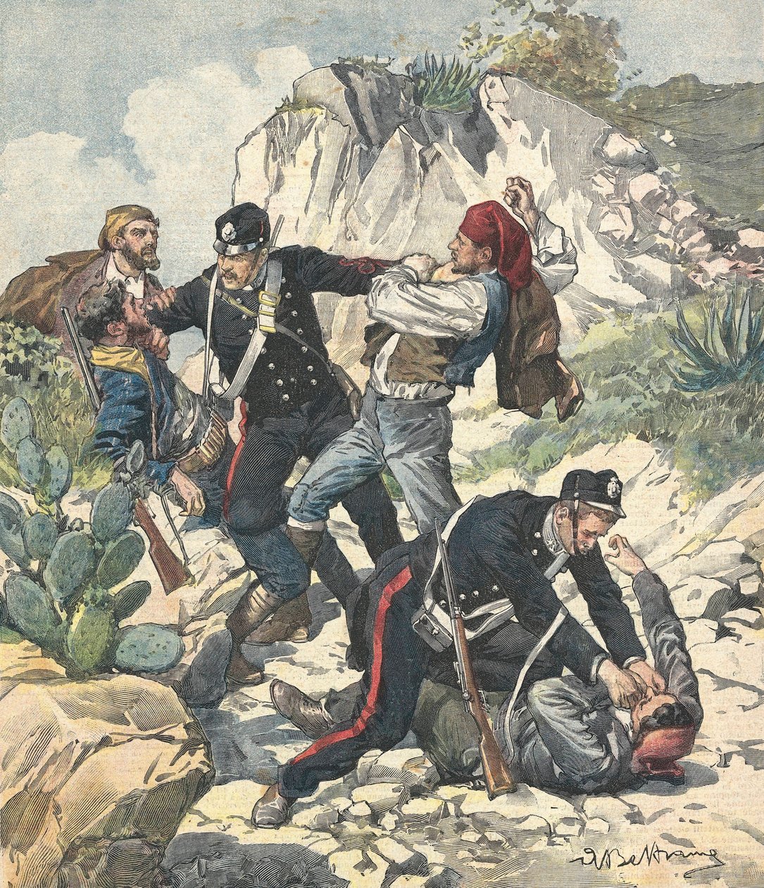 Itálie (1902). Karabini zatkli banditu a jeho gang v Trapani. Ilustrace Achille Beltrame z „“ Domenica del Corriere““ (23. února od Achille Beltrame