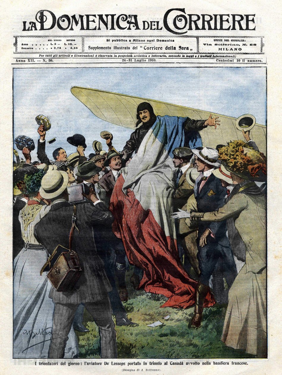 Jacques de Lesseps (1883-1927) po svém příjezdu do Kanady v roce 1910. Ilustrace Achille Beltrame pro „Domenica del Corriere“ z 24. července od Achille Beltrame