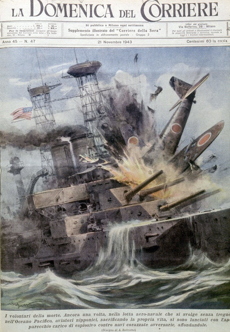 Japonské sebevražedné atentátníky explodující na nepřátelských lodích - v „La Domenica del Corriere“, 21. listopadu 1943 (litografie) od Achille Beltrame