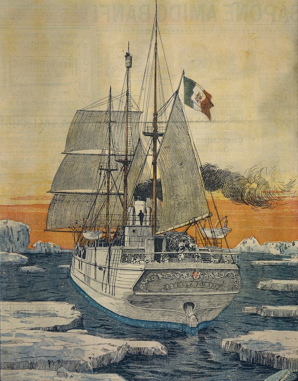 Cesta na severní pól: Loď Polar Star, která přepravovala prince Luigiho Amedea Savojsko-Aostského, vévodu z Abruzzi, do zátoky Teplitz na Rudolfově ostrově, Achille Beltrame (1871-1945), z La Domenica del Corriere od Achille Beltrame