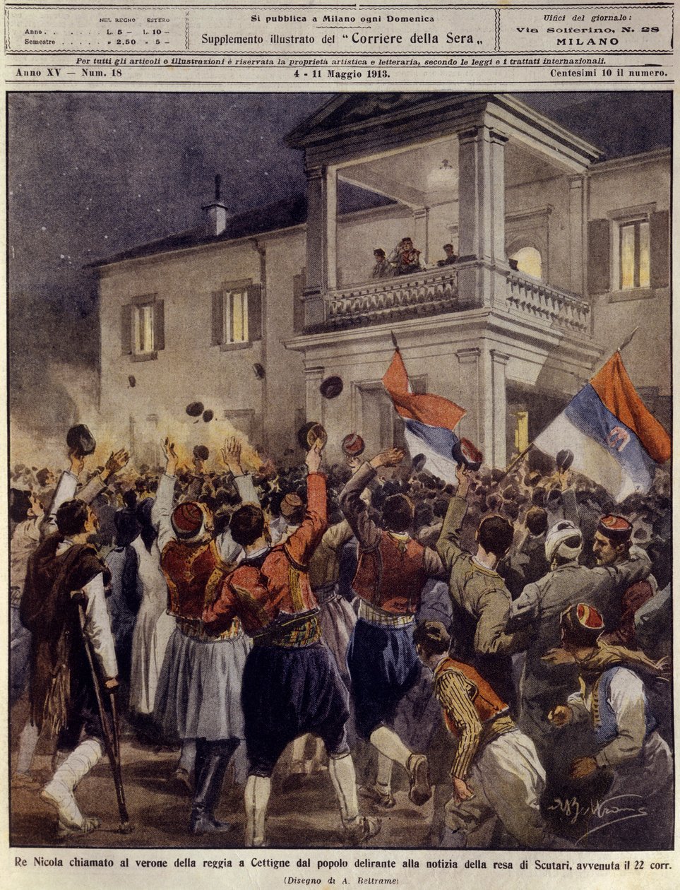 Král Mikuláš I. Černé Hory před davem v Cettigne po kapitulaci města Shkoder, 4. května od Achille Beltrame