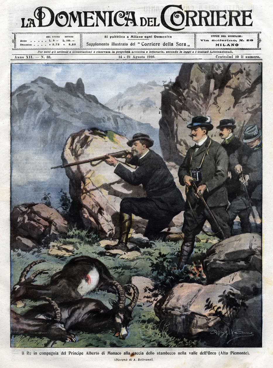 Italský král Victor Emmanuel III (Victor-Emmanuel) (Vittorio Emanuele) s monackým princem Albertem I. loví kozorožce. obálka domenica del corriere ze 14. srpna 1910 od Achille Beltrame