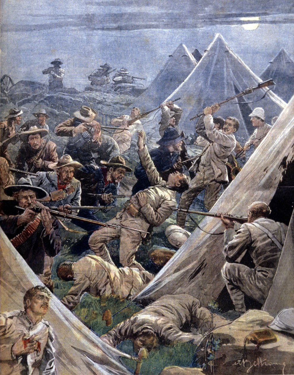 Búrská válka nebo Transvaalská válka v Jižní Africe stojící proti Angličanům a Búrům: tito zaútočili na anglický tábor v Tweenfonteinu. Ilustrace Beltrame. La Domenica del corriere. 1902. od Achille Beltrame